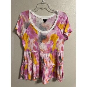 Torrid 00 Tie Dye Tiered Ruffle‎ Tunic Top Short Sleeve Scoop Neck Women